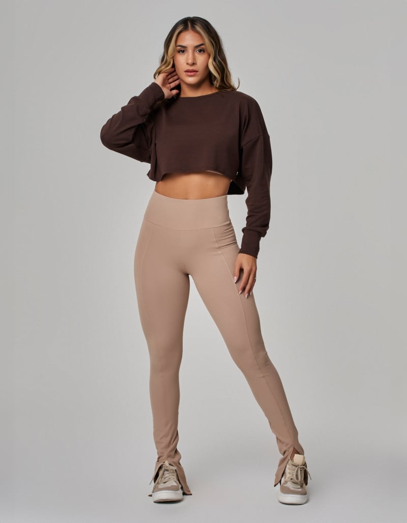 Blusa Manga Longa Moletom Cropped Marrom Coffee